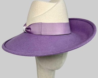 Cappello Fedora in feltro avorio e viola, accessori da donna di design realizzati a mano, Londra