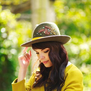 Olive Green Felt Fedora, Hand-Stitched Embroidery, Velvet Ribbon, Handmade by Elena Shvab Millinery London image 3