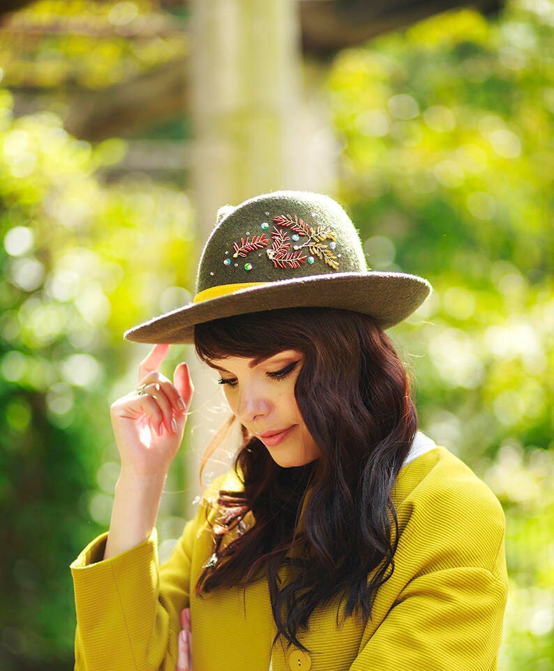Olive Green Felt Fedora, Hand-Stitched Embroidery, Velvet Ribbon, Handmade by Elena Shvab Millinery London image 3