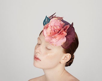 Silk Rose Hat Felt Beret, small/Mini Hat, Handmade Fascinator, woman&#39;s wedding fascinator, racing hat, vintage inspired