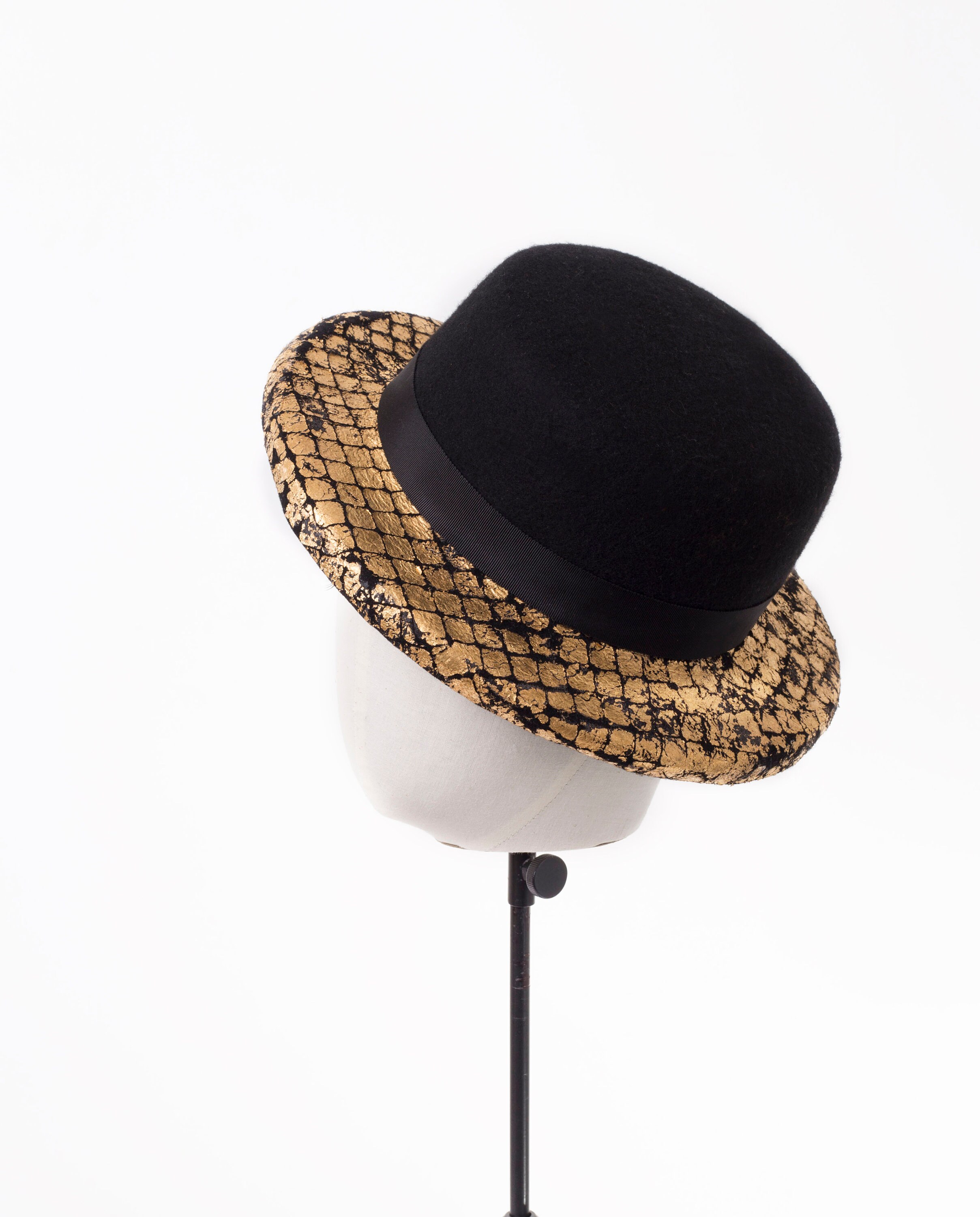 Wool Felt Boater Hat Black and Gold 