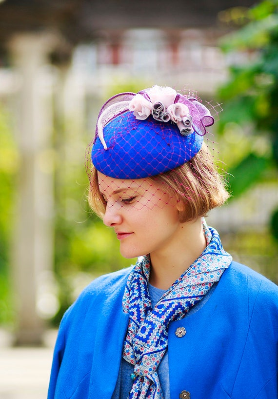 Navy Wool Felt Fascinator Decorated 