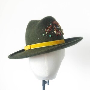 Olive Green Felt Fedora, Hand-Stitched Embroidery, Velvet Ribbon, Handmade by Elena Shvab Millinery London image 6