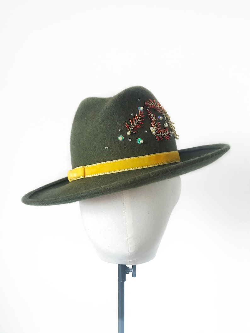 Olive Green Felt Fedora, Hand-Stitched Embroidery, Velvet Ribbon, Handmade by Elena Shvab Millinery London image 6