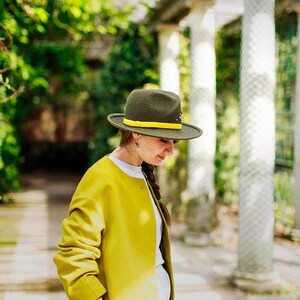 Olive Green Felt Fedora, Hand-Stitched Embroidery, Velvet Ribbon, Handmade by Elena Shvab Millinery London image 5