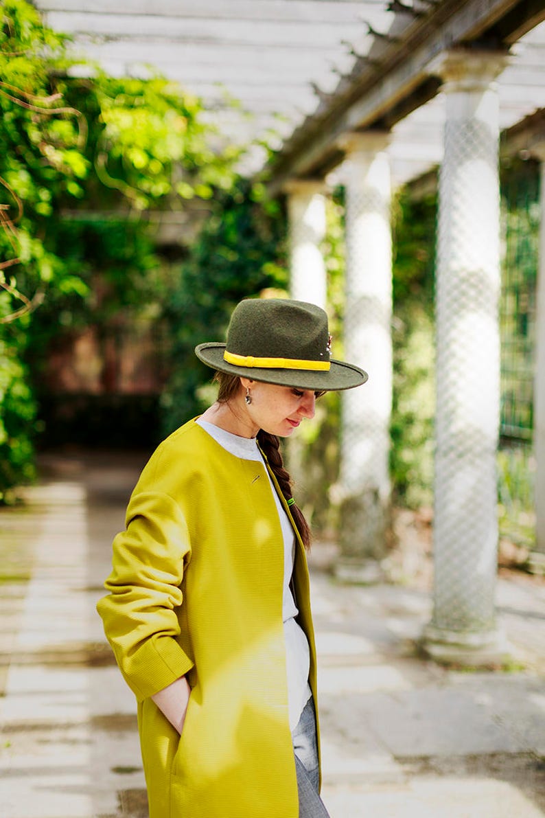 Olive Green Felt Fedora, Hand-Stitched Embroidery, Velvet Ribbon, Handmade by Elena Shvab Millinery London image 5