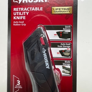 Husky Retractable Auto-Loading Rubber Grip Utility Knife BLADE Cutter.  Brand new, lifetime warranty, comes with 3 blades!