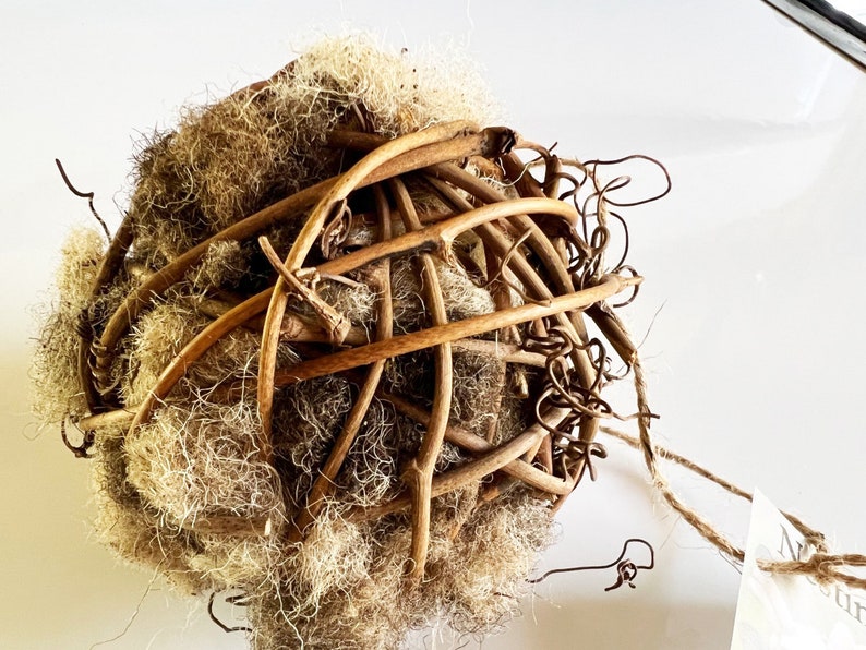 May include: A spherical decorative object composed of interwoven brown twigs and a central mass of light brown, fibrous material. The twigs form a cage-like structure around the core, with some extending outwards. A natural, rustic aesthetic.