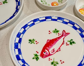 Plates, Sardine, Hand Painted, set of 4, Mediterranean Ceramic Decor