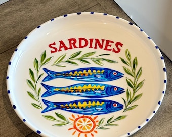 Plate, Hand Painted, Sardine, Mediterranean Ceramic Decor (7.4" Diameter)