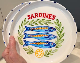 Plate, Hand Painted, Sardine, Mediterranean Ceramic Decor (7.4" Diameter)