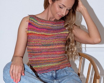 Crochet blouse, Colorful top for summer, Unique crocheted sleeveless tee, Handmade artsy blouse, Special gift for best friend, Crochet gift.
