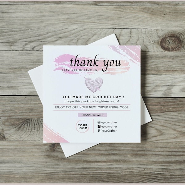 Custom THANK YOU CARD for crocheter, Customisable crochet card, Canva template for Etsy seller, Pink Thank You card, Instant link download.