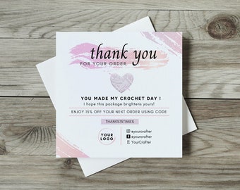 Custom THANK YOU CARD for crocheter, Customisable crochet card, Canva template for Etsy seller, Pink Thank You card, Instant link download.