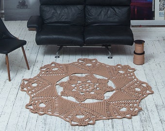 HANDMADE RUG, Brown crochet rug, Round crochet carpet, Crochet flower rug, Boho rug for home interior design, Studio rug DIADEM, Gift idea.