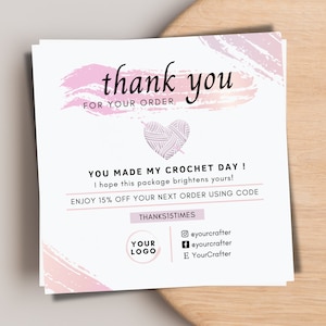 CARTE DE REMERCIEMENT personnalisée pour crocheter, carte au crochet personnalisable, modèle Canva pour vendeur Etsy, carte de remerciement rose, lien de téléchargement instantané.