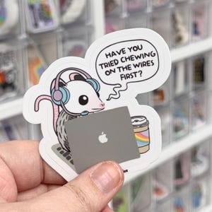 Funny Opossum Chewing the Wires Sticker, Tech Support Gift, Sarcastic IT Customer Service Laptop Sticker