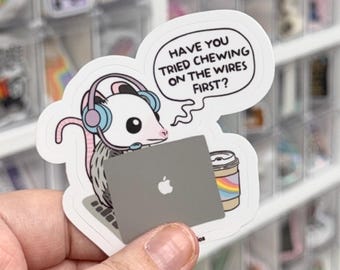 Funny Opossum Chewing the Wires Sticker, Tech Support Gift, Sarcastic IT Customer Service Laptop Sticker