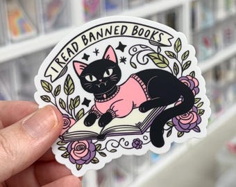 I Read Banned Books Vinyl Sticker, Bookish Cat Decal