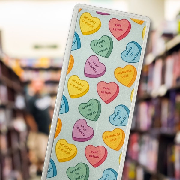 Bookish Valentine’s Day Laminated Bookmark, Romance Trope Candy Hearts Bookmark, Book Lover Valentine Gift, Reader Accessories