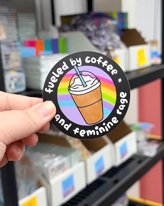 Fueled By Coffee And Feminine Rage Sticker, Trendy Water Bottle Decal, Feminist Gift, Liberal Sticker, Funny Progressive Accessory
