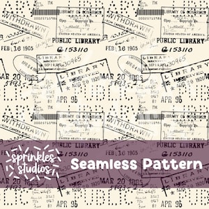 Library Stamps Digital Seamless Pattern, Bookish Digital Paper 300 DPI PNG Instant Download Vinyl Fabric Design