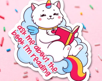 Ask Me About My Book Vinyl Sticker, Trendy Water Bottle Decal, Bookish Cat Laptop Sticker, Librarian Gift, Bookworm Accessories