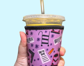 Library Doodles Iced Coffee Neoprene Sleeve, Bookish Drink Cozy, Librarian Gift, Book Lover Cup Sleeve