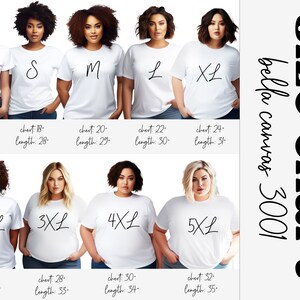 May include: Size chart for Bella Canvas 3001 t-shirts, showing different sizes from XS to 5XL with corresponding chest and length measurements in inches.