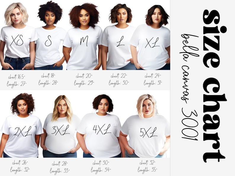 May include: Size chart for Bella Canvas 3001 t-shirts, showing different sizes from XS to 5XL with corresponding chest and length measurements in inches.