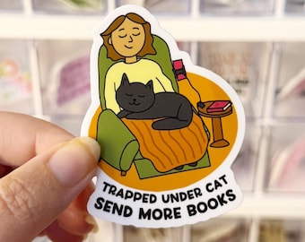 Trapped Under Cat Send More Books Sticker – Funny Bookish Cat Lover Gift, Reading Vinyl Sticker, Bookworm Waterproof Decal, Librarian Gift