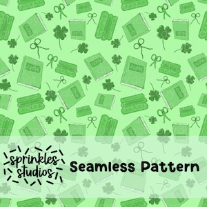 May include: A seamless pattern featuring green books, four-leaf clovers, and stacked macarons on a light green background. The text "sprinkles studios" is included in the pattern.