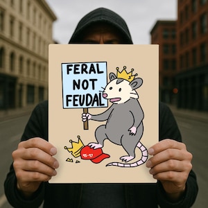 May include: A cartoon illustration features a gray opossum wearing a crown and stepping on a red hat with a gold crown. The opossum holds a sign that reads "FERAL NOT FEUDAL" in black capital letters on a light blue background.