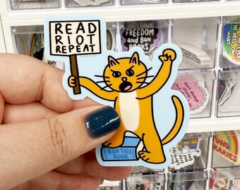 Read Riot Repeat Sticker | Protest Cat Sticker | Banned Books Sticker | Bookish Activist Gift