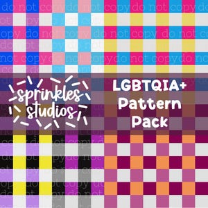 May include: A digital download pack of four LGBTQIA+ pride flag themed gingham patterns. The patterns are in pink, blue, yellow, white, purple, black, orange, and burgundy. The text "sprinkles studios" and "LGBTQIA+ Pattern Pack" is included in the image.