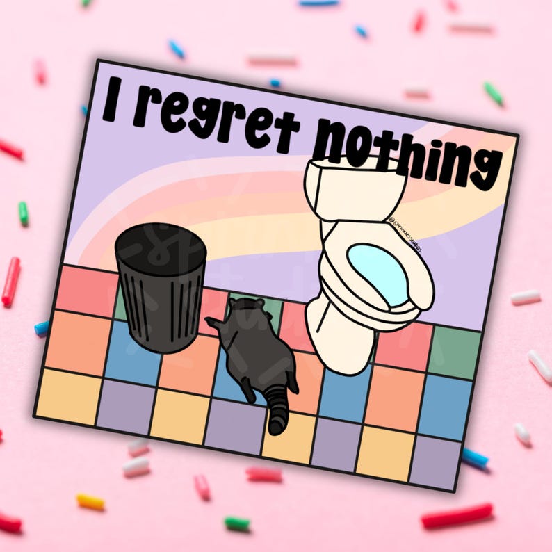 May include: A rectangular sticker with the text "I regret nothing." The illustration features a cartoon raccoon on a checkered floor, a trash can, and a toilet. The background has a rainbow design.