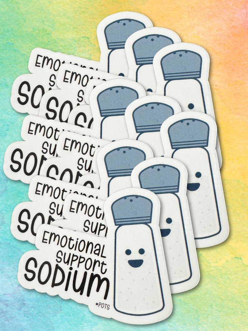 May include: A set of ten white salt shaker stickers with a blue lid and a smiling face. The stickers have the text "Emotional Support Sodium" and "#POTS" printed on them.