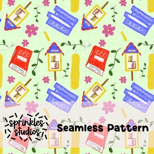 Little Spring Library Digital Seamless Pattern, Bookish Digital Paper 300 DPI PNG Instant Download Vinyl Fabric Design