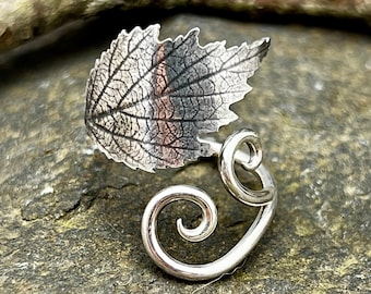 Silver adjustable real wild black raspberry leaf ring