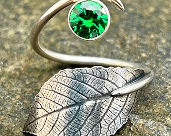 Adjustable silver real butternut leaf and green cubic zirconia ring