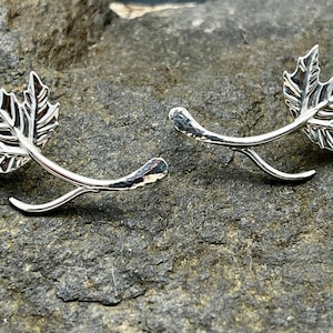 Handcrafted original sterling silver sycamore leaf stud and cuff combo earrings