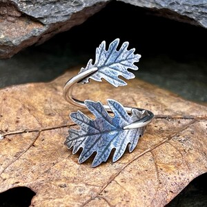 Handcrafted one of a kind adjustable sterling silver real white oak leaf ring