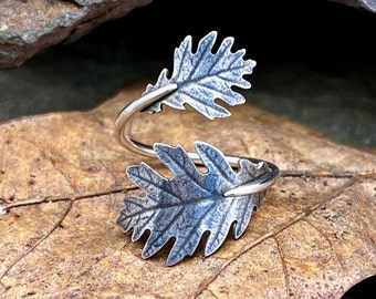 Silver adjustable real white oak leaf ring