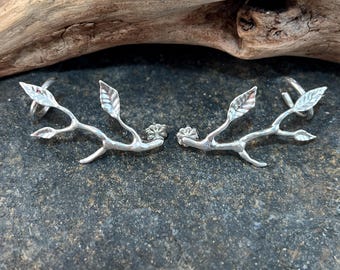 Silver tree branch stud and cuff combo earrings
