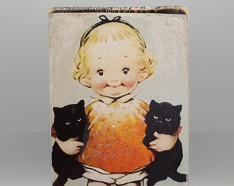 Handmade Vintage Style Girl with Black Cats Wood Block Sign