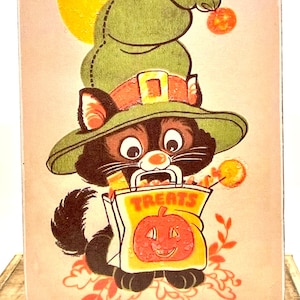 Handmade Vintage Style Halloween Trick or Treat Kitty Wood Sign/Shelf Sitter