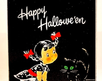Handgemaakte vintage stijl halloween meisje en zwarte kat houten bord/plankoppas