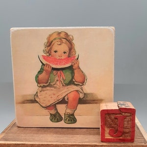 Handmade Vintage Style Girl with Watermelon Wood Sign/Shelf Sitter