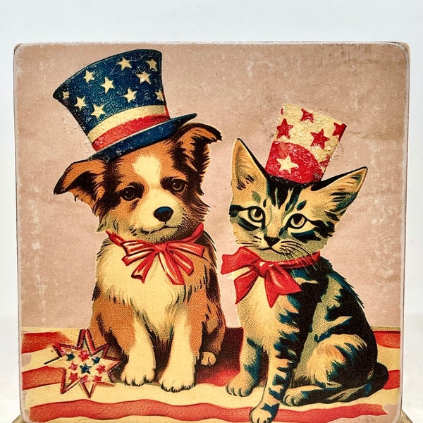 Handmade Vintage Style Patriotic Dog and Cat Wood Sign/Shelf Sitter