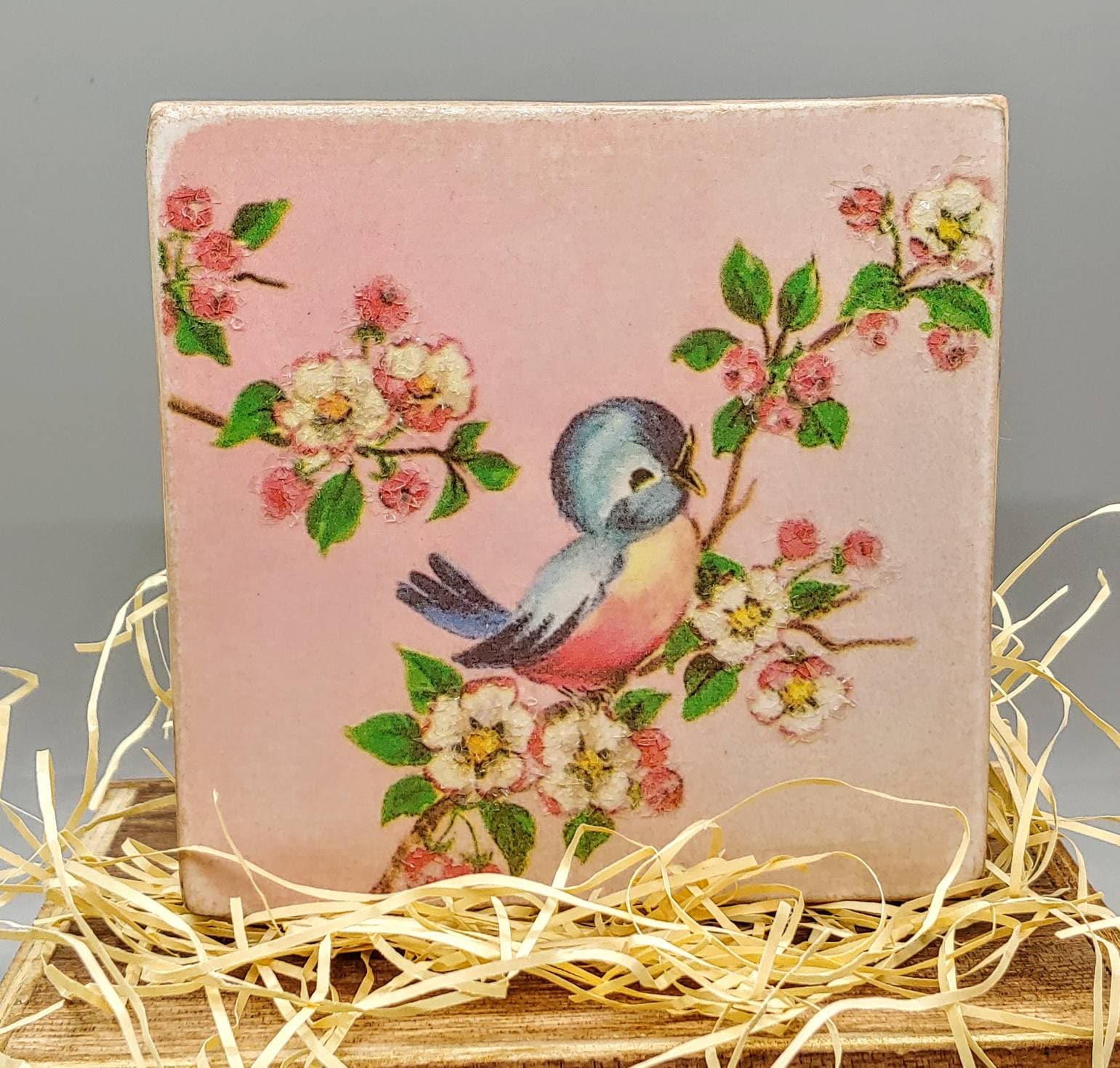 Vintage Style Cheery Bluebird Wood Block Sign/Shelf Sitter